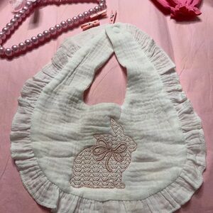 New White Ruffled Bib for newborn baby to 36 months with Pink Embroidered Bunny